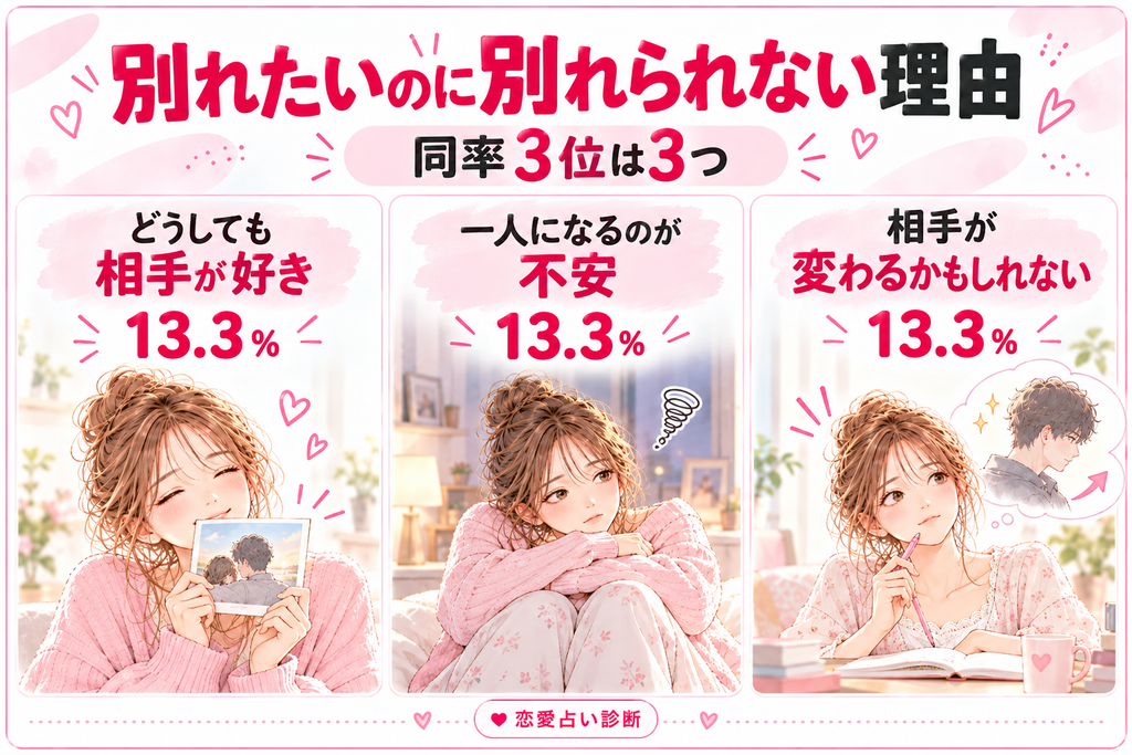 別れたいのに別れられない理由の同率3位。どうしても相手が好き13.3％、一人になるのが不安13.3％、相手が変わるかもしれない13.3％